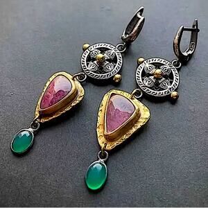 Tribal Pink, Green Stone Dangle Earrings Vintage Bohemian Boho